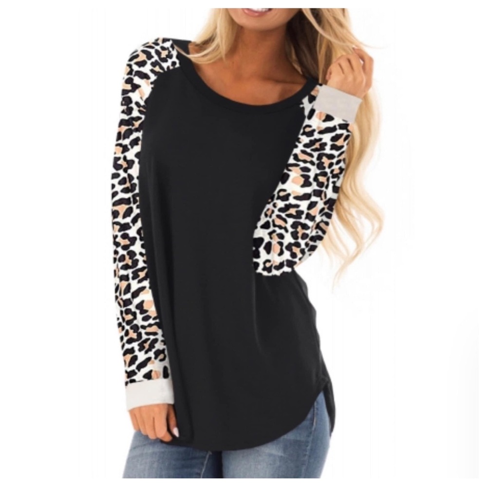 NWT black and leopard sleeve shirt, selling from closed boutique